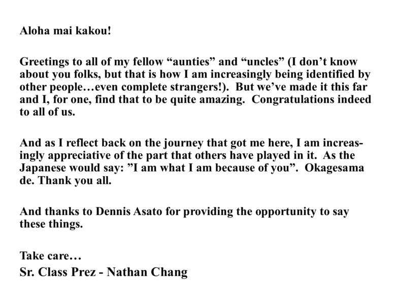 Aloha Message – Sr. Class Prez Nathan Chang